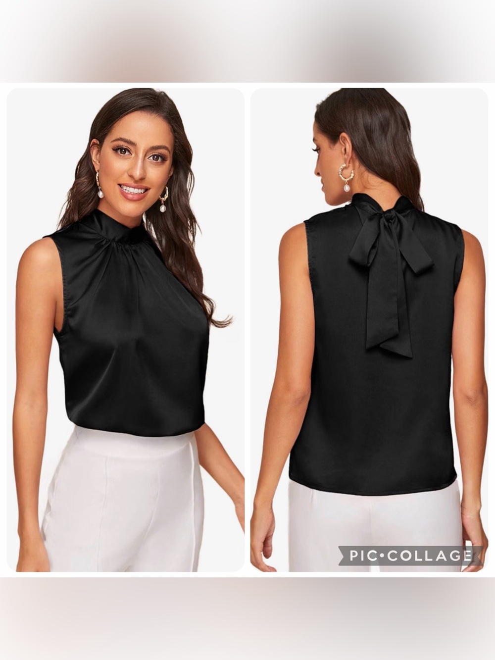 NWT new large verdusa Sleeveless Bow Back Satin Blouse top Black tie